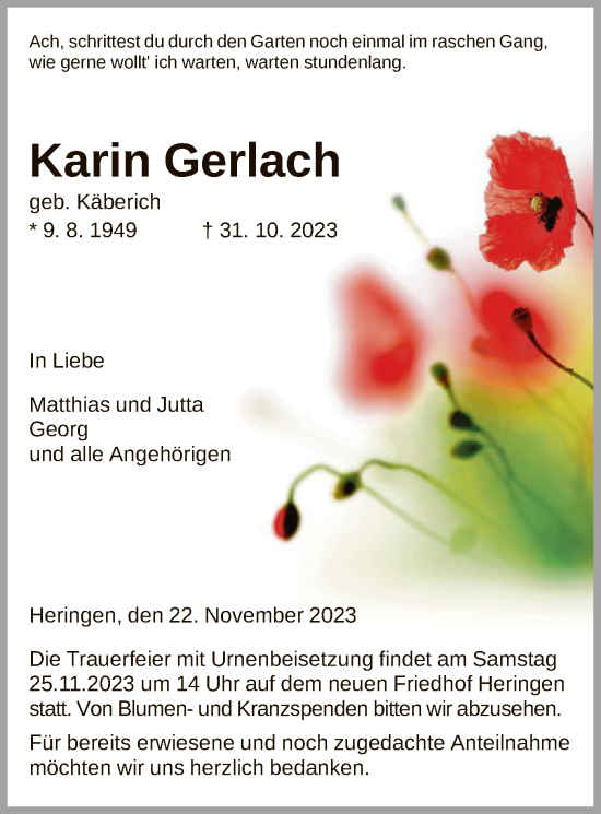 Todesanzeige von Karin Gerlach von HZ