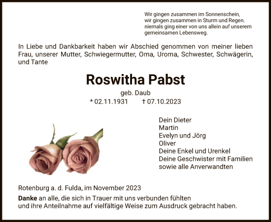 Todesanzeige von Roswitha Pabst von HZ