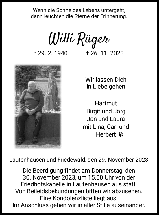 Todesanzeige von Willi Rüger von HZ