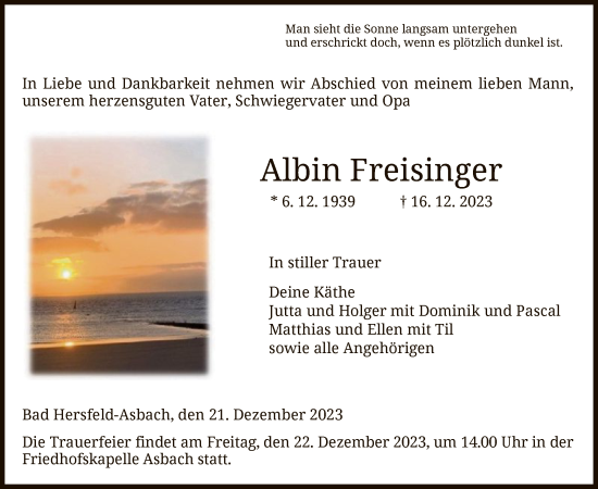 Todesanzeige von Albin Freisinger von HZ