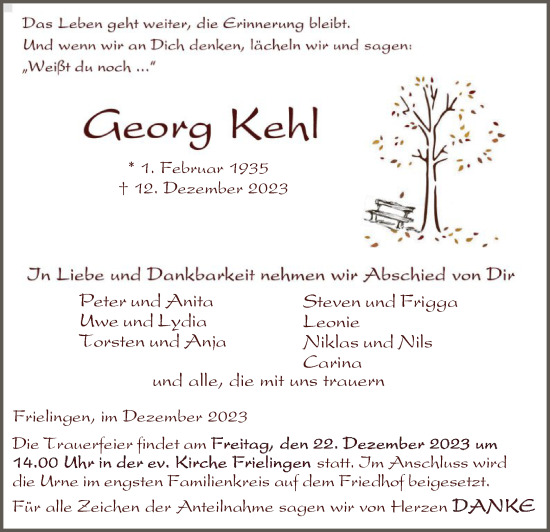 Todesanzeige von Georg Kehl von HZ