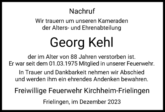 Todesanzeige von Georg Kehl von HZ