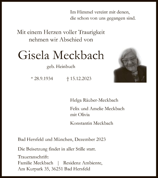 Todesanzeige von Gisela Meckbach von HZ