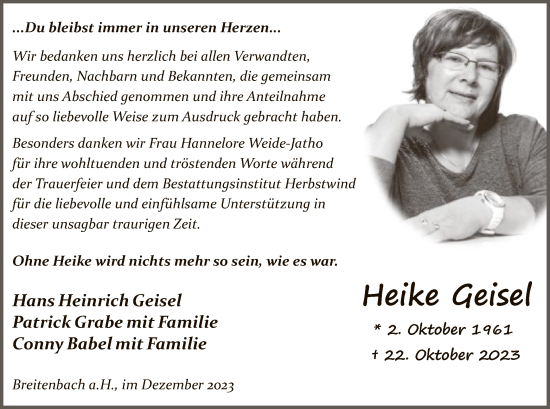 Todesanzeige von Heike Geisel von HZHNA