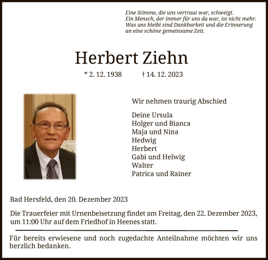 Todesanzeige von Herbert Ziehn von HZ