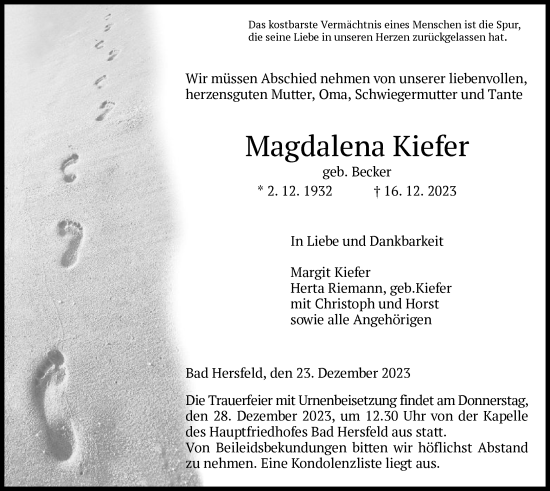 Todesanzeige von Magdalena Kiefer von HZ