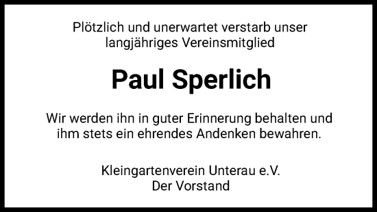 Todesanzeige von Paul Sperlich von HZ