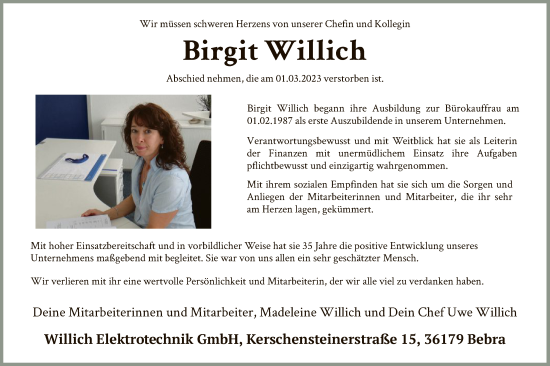 Todesanzeige von Birgit Willich von HNA