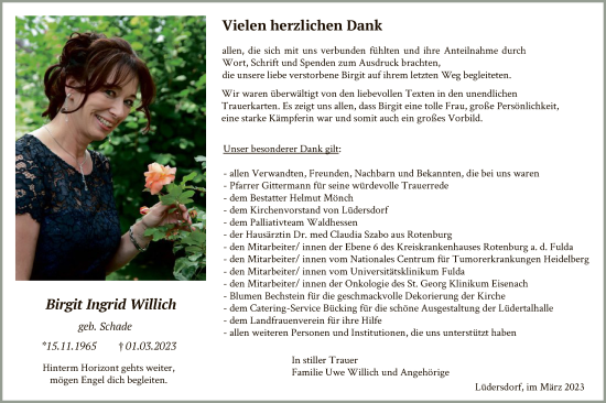 Todesanzeige von Birgit Ingrid Willich von HNA