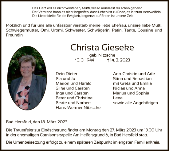 Todesanzeige von Christa Gieseke von HZ