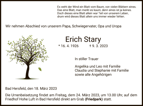 Todesanzeige von Erich Stary von HZ