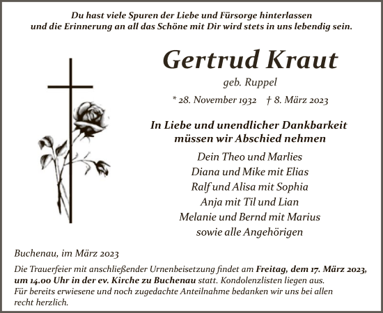 Todesanzeige von Gertrud Kraut von HZ