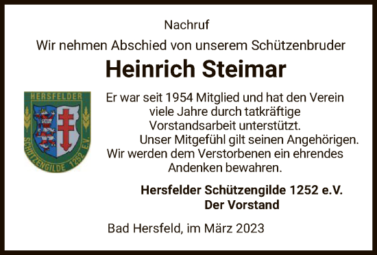 Todesanzeige von Heinrich Steimar von HZ
