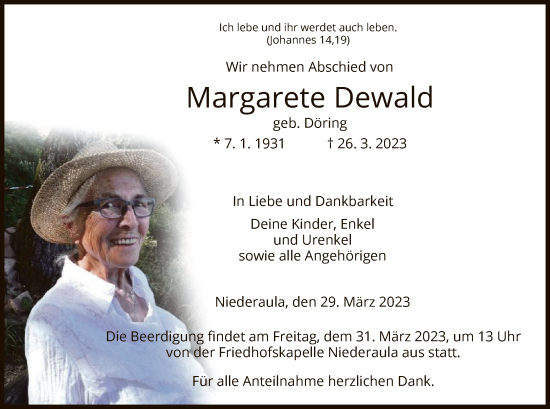 Todesanzeige von Margarete Dewald von HZ