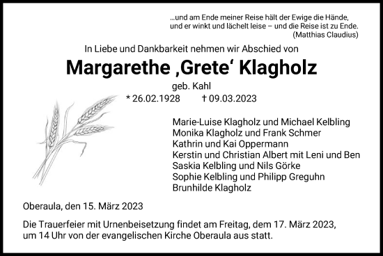 Todesanzeige von Margarethe Klagholz von HNA