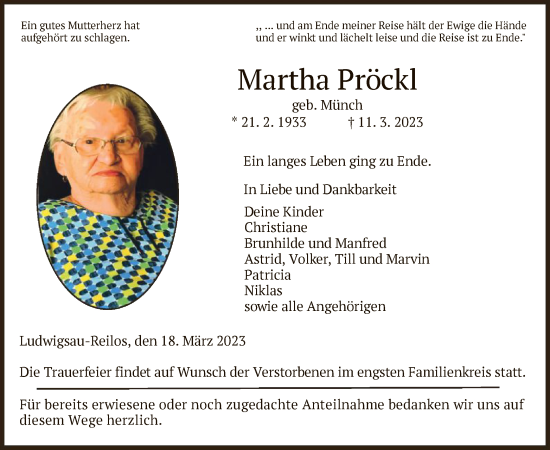 Todesanzeige von Martha Pröckl von HZ