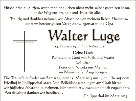 Todesanzeige von Walter Luge von HZ