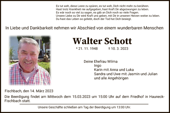 Todesanzeige von Walter Schott von HZ