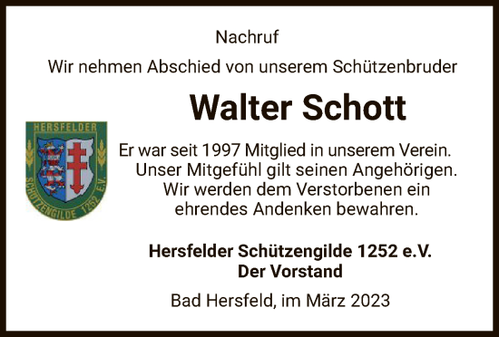 Todesanzeige von Walter Schott von HZ