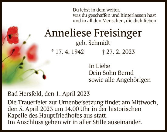 Todesanzeige von Anneliese Freisinger von HZ
