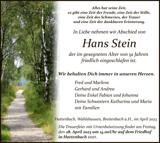 Todesanzeige von Hans Stein von HZ