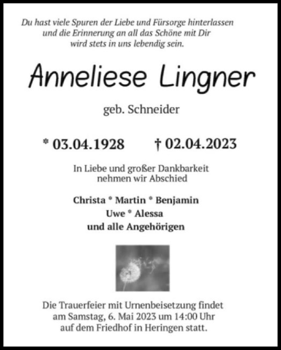 Todesanzeige von Anneliese Lingner von HZ