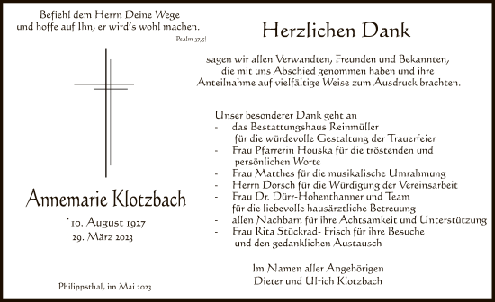 Todesanzeige von Annemarie Klotzbach von HZ