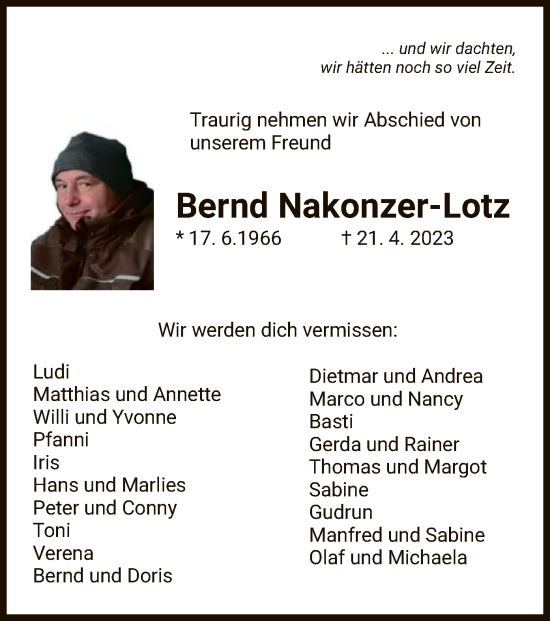 Todesanzeige von Bernd Nakonzer-Lotz von HZ