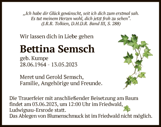 Todesanzeige von Bettina Semsch von HZ