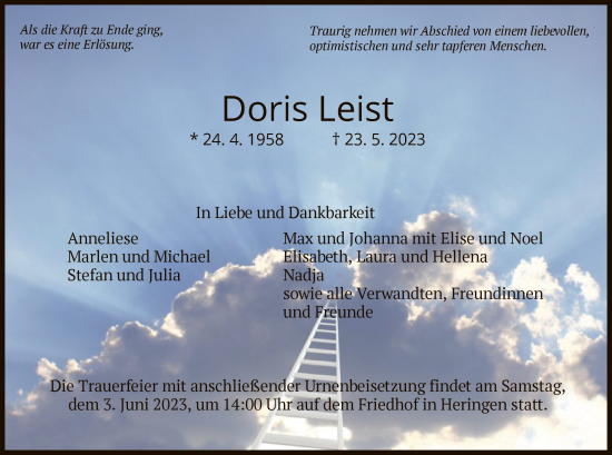 Todesanzeige von Doris Leist von HZ