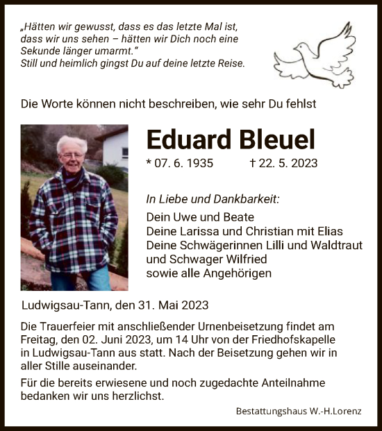 Todesanzeige von Eduard Bleuel von HZ