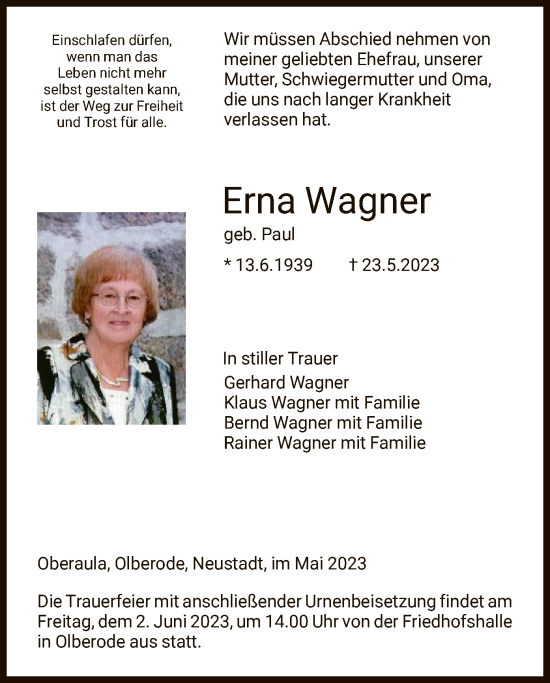 Todesanzeige von Erna Wagner von HNA