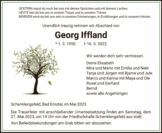 Todesanzeige von Georg Iffland von HZ
