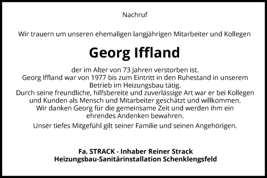 Todesanzeige von Georg Iffland von HZ