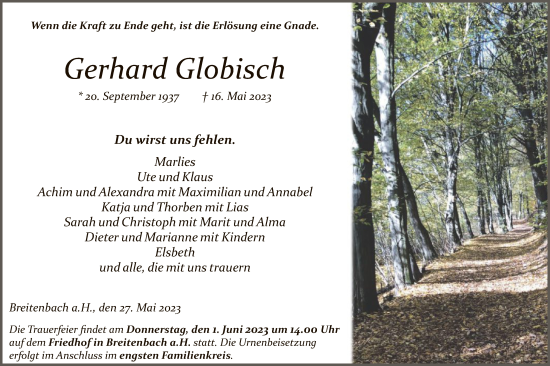 Todesanzeige von Gerhard Globisch von HZ