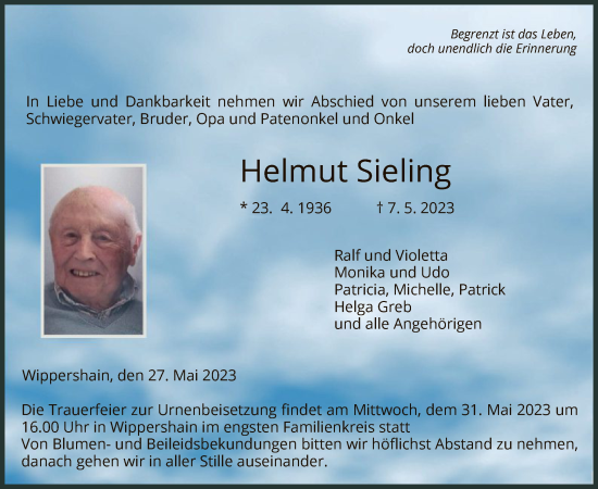 Todesanzeige von Helmut Sieling von HZ