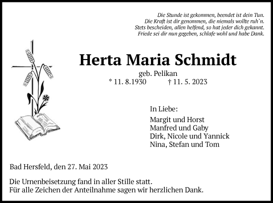 Todesanzeige von Herta Maria Schmidt von HZ