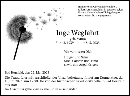 Todesanzeige von Inge Wegfahrt von HZ
