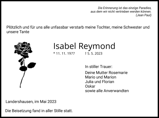 Todesanzeige von Isabel Reymond von HZ