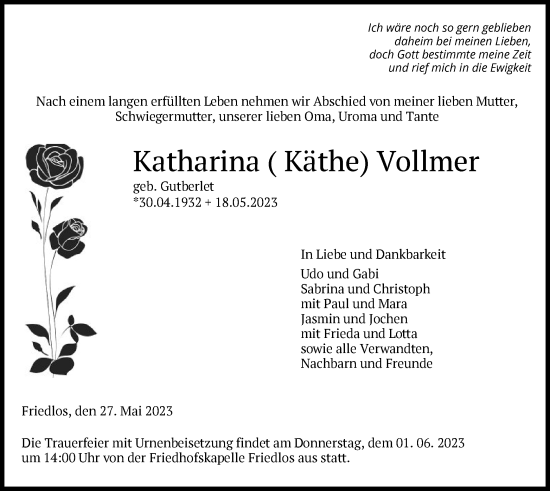 Todesanzeige von Katharina Vollmer von HZ