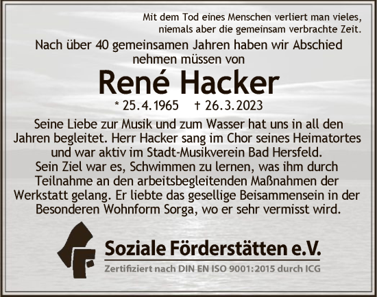 Todesanzeige von René Hacker von HZ