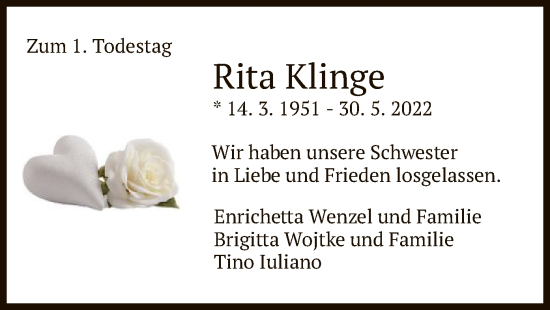 Todesanzeige von Rita Klinge von HZ
