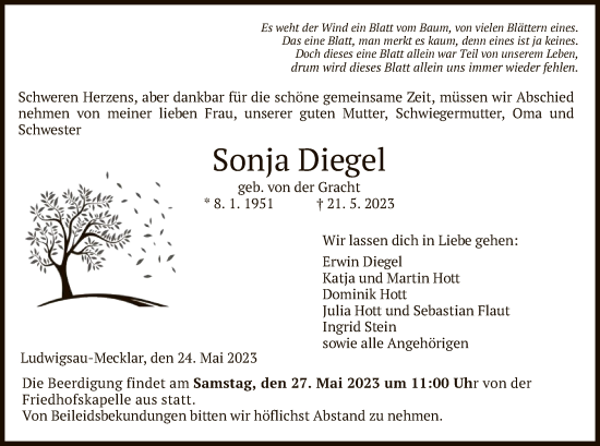 Todesanzeige von Sonja Diegel von HZ