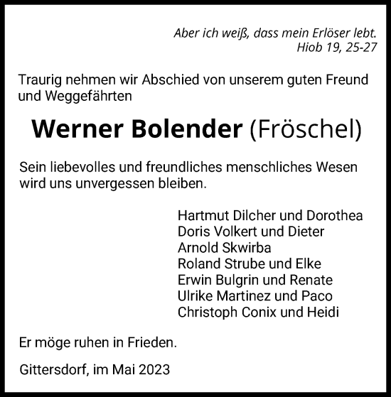 Todesanzeige von Werner Bolender von HZ