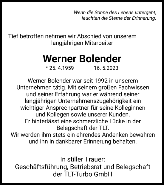 Todesanzeige von Werner Bolender von HZ