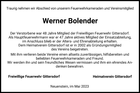 Todesanzeige von Werner Bolender von HZ