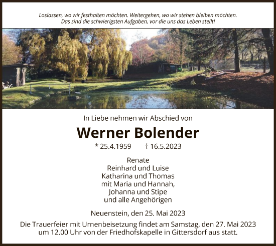 Todesanzeige von Werner Bolender von HZ