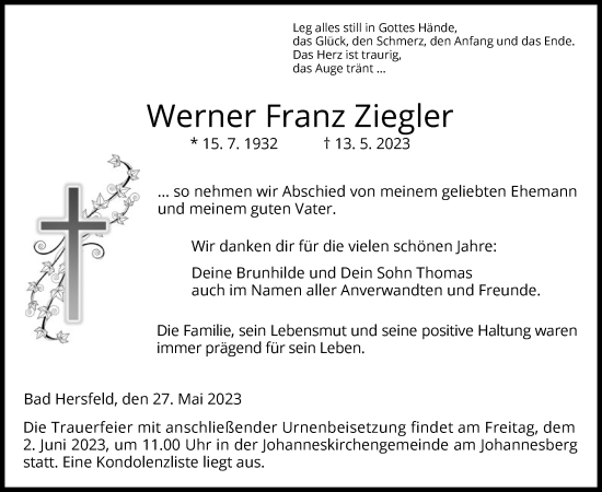 Todesanzeige von Werner Franz Ziegler von HZ