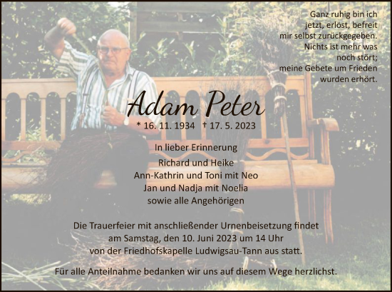 Todesanzeige von Adam Peter von HZ