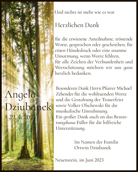 Todesanzeige von Angela Dziubanik von HZ